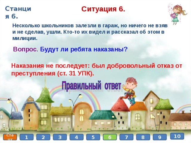 Ситуация 6. Станция 6. Несколько школьников залезли в гараж, но ничего не взяв и не сделав, ушли. Кто-то их видел и рассказал об этом в милиции. Вопрос . Будут ли ребята наказаны? Наказания не последует: был добровольный отказ от преступления (ст. 31 УПК).  10 6 8 9 5 4 3 2 1 Старт 7 