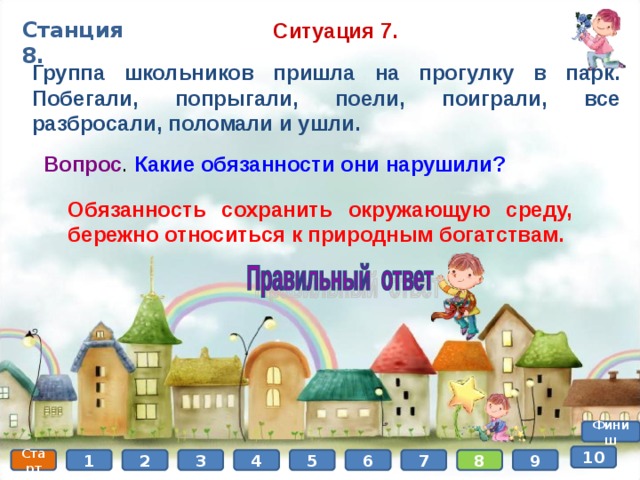 Станция 8. Ситуация 7. Группа школьников пришла на прогулку в парк. Побегали, попрыгали, поели, поиграли, все разбросали, поломали и ушли. Вопрос . Какие обязанности они нарушили?  Обязанность сохранить окружающую среду, бережно относиться к природным богатствам. Финиш 10 Старт 1 8 7 6 5 4 3 2 9 