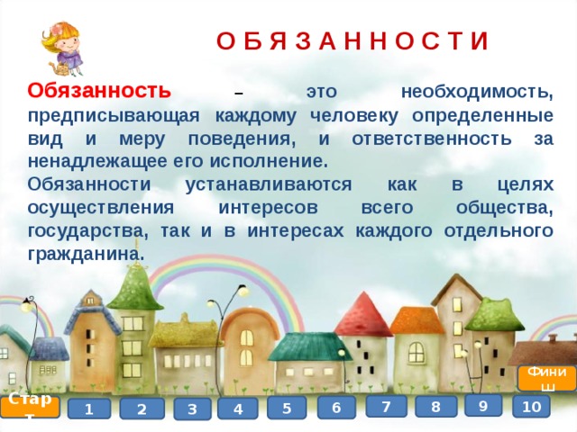 О Б Я З А Н Н О С Т И Обязанность – это необходимость, предписывающая каждому человеку определенные вид и меру поведения, и ответственность за ненадлежащее его исполнение. Обязанности устанавливаются как в целях осуществления интересов всего общества, государства, так и в интересах каждого отдельного гражданина. Финиш 9 7 10 6 8 Старт 5 4 2 3 1 