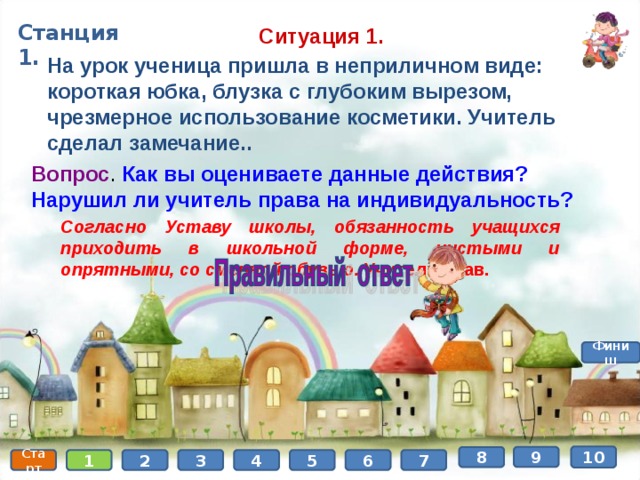 Станция 1. Ситуация 1. На урок ученица пришла в неприличном виде: короткая юбка, блузка с глубоким вырезом, чрезмерное использование косметики. Учитель сделал замечание.. Вопрос . Как вы оцениваете данные действия? Нарушил ли учитель права на индивидуальность? Согласно Уставу школы, обязанность учащихся приходить в школьной форме, чистыми и опрятными, со сменной обувью. Учитель прав. Финиш 10 9 8 6 7 5 4 3 2 1 Старт 