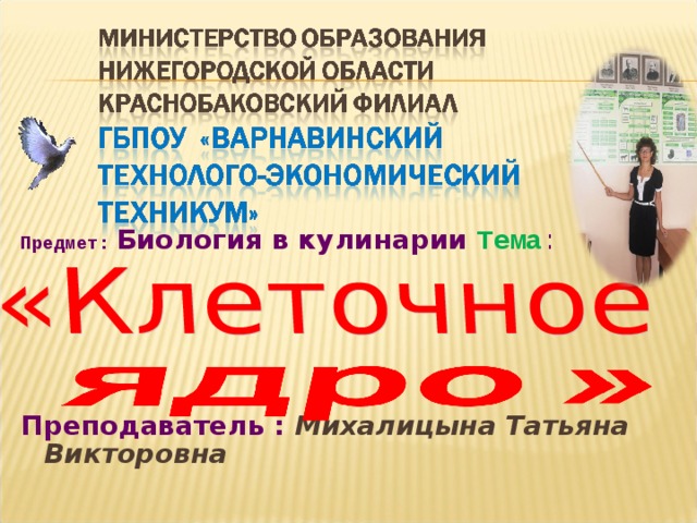  Предмет:  Биология в кулинарии Тема :     Преподаватель : Михалицына Татьяна Викторовна  