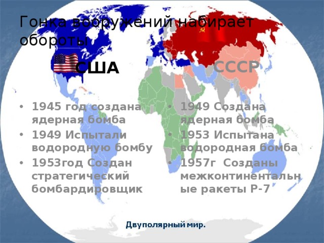 Гонка вооружений набирает обороты СССР США 1945 год создана ядерная бомба 1949 Испытали водородную бомбу 1953год Создан стратегический бомбардировщик 1949 Создана ядерная бомба 1953 Испытана водородная бомба 1957г Созданы межконтинентальные ракеты Р-7 