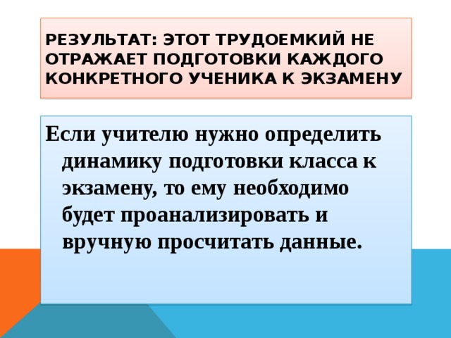 РЕЗУЛЬТАТ: этот трудоемкий не отражает подготовки каждого конкретного ученика к экзамену Если учителю нужно определить динамику подготовки класса к экзамену, то ему необходимо будет проанализировать и вручную просчитать данные. 