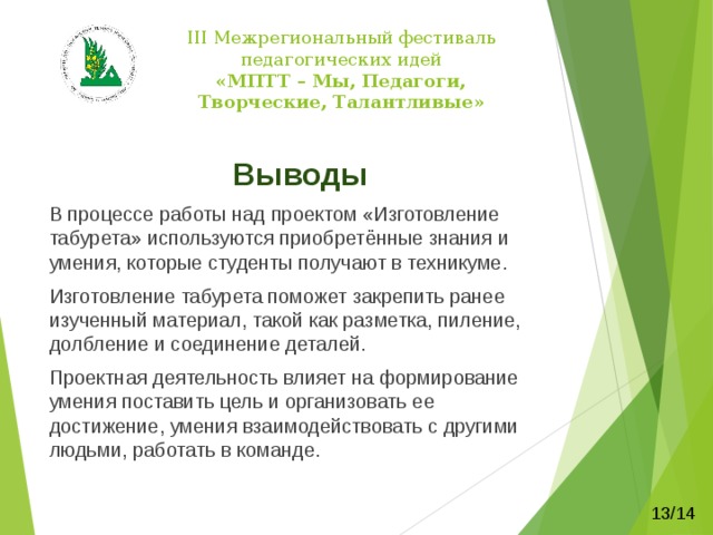   III Межрегиональный фестиваль педагогических идей  «МПТТ – Мы, Педагоги, Творческие, Талантливые»    Этапы работы над проектом Реклама изделия Самооценка работы 12/14 
