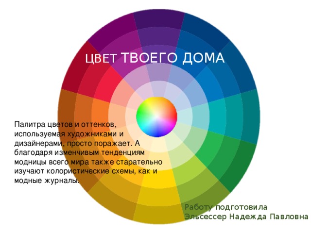 ЦВЕТ ТВОЕГО ДОМА Палитра цветов и оттенков, используемая художниками и дизайнерами, просто поражает. А благодаря изменчивым тенденциям модницы всего мира также старательно изучают колористические схемы, как и модные журналы.     Работу подготовила Эльсессер Надежда Павловна 