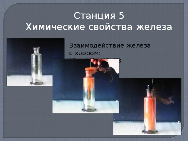 Станция 5 Химические свойства железа Взаимодействие железа с хлором: 2 Fe + 3 Cl 2 = 2 FeCl3  