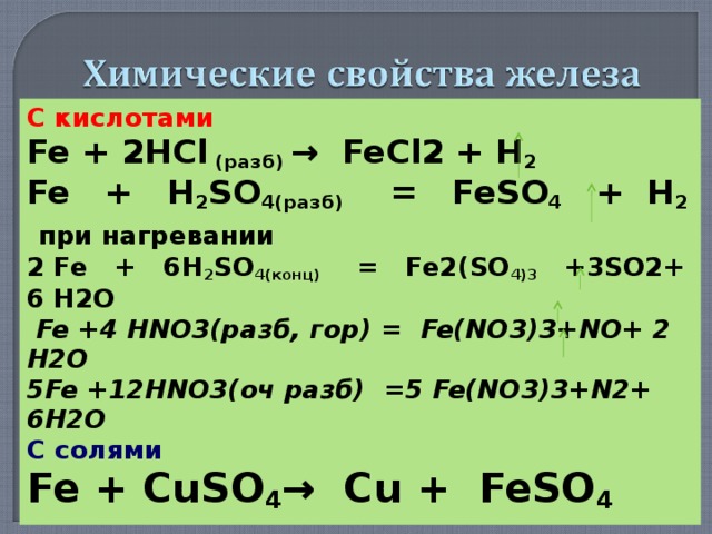 С кислотами Fe + 2HCl ( разб) →  FeCl2 + H 2 Fe + H 2 SO 4(разб) = FeSO 4 + H 2  при нагревании 2 Fe + 6 H 2 SO 4(конц) = Fe 2( SO 4)3 +3 SO2 + 6 Н2О  Fe +4 HNO3( разб , гор ) = Fe(NO 3 )3+NO+ 2 H2O 5Fe +12HNO3( оч разб ) =5 Fe(NO 3 )3+N2+ 6H2O С солями Fe + CuSO 4 → Cu + FeSO 4  