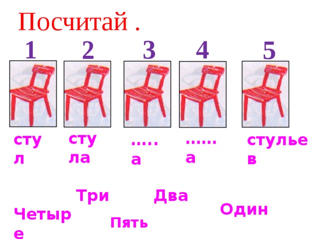 Посчитай . 4  1  3  2  5  …… а стула стул стульев … ..а Три Два  Один  Четыре  Пять 