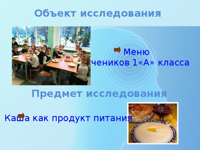 Объект исследования Меню учеников 1«А» класса Предмет исследования Каша как продукт питания 