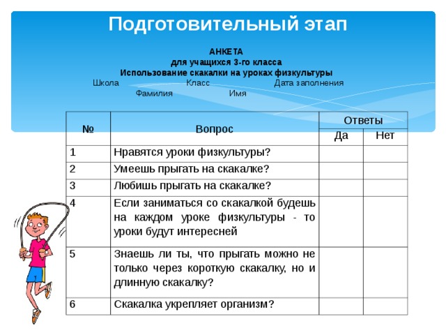 Подготовительный этап АНКЕТА  для учащихся 3-го класса Использование скакалки на уроках физкультуры Школа  Класс  Дата заполнения  Фамилия  Имя  № Вопрос Ответы 1 Да Нравятся уроки физкультуры? 2 Нет Умеешь прыгать на скакалке? 3 Любишь прыгать на скакалке? 4 Если заниматься со скакалкой будешь на каждом уроке физкультуры - то уроки будут интересней 5 Знаешь ли ты, что прыгать можно не только через короткую скакалку, но и длинную скакалку? 6 Скакалка укрепляет организм? 