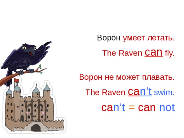 Ворон умеет летать. The Raven can fly. Ворон не может плавать. The Raven ca n’t swim. ca n’t = can not 