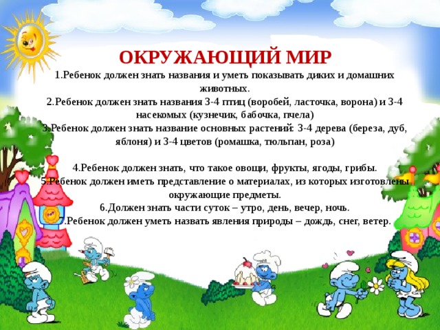 ОКРУЖАЮЩИЙ МИР  1.Ребенок должен знать названия и уметь показывать диких и домашних животных.  2.Ребенок должен знать названия 3-4 птиц (воробей, ласточка, ворона) и 3-4 насекомых (кузнечик, бабочка, пчела)  3.Ребенок должен знать название основных растений: 3-4 дерева (береза, дуб, яблоня) и 3-4 цветов (ромашка, тюльпан, роза)   4.Ребенок должен знать, что такое овощи, фрукты, ягоды, грибы.  5.Ребенок должен иметь представление о материалах, из которых изготовлены окружающие предметы.  6.Должен знать части суток – утро, день, вечер, ночь.  7.Ребенок должен уметь назвать явления природы – дождь, снег, ветер. 