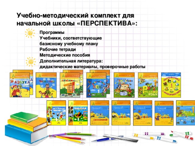 Учебно-методический комплект для начальной школы «ПЕРСПЕКТИВА»:   Программы Учебники, соответствующие базисному учебному плану Рабочие тетради Методические пособия Дополнительная литература: дидактические материалы, проверочные работы 