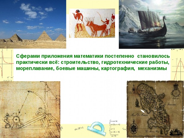 Сферами приложения математики постепенно становилось практически всё: строительство, гидротехнические работы, мореплавание, боевые машины, картография, механизмы 