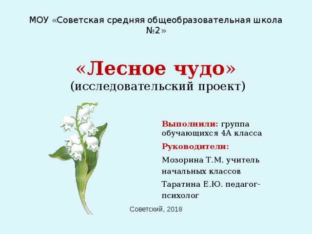 МОУ «Советская средняя общеобразовательная школа №2»    « Лесное чудо »  (исследовательский проект) Выполнили:  группа обучающихся 4А класса Руководители: Мозорина Т.М. учитель начальных классов Таратина Е.Ю. педагог-психолог Советский, 2018 