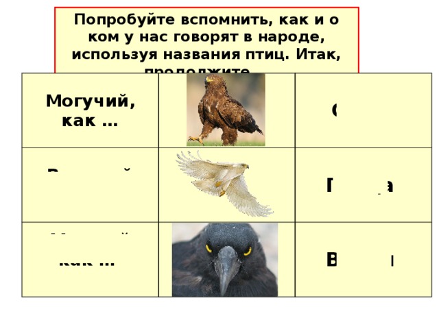 Попробуйте вспомнить, как и о ком у нас говорят в народе, используя названия птиц. Итак, продолжите … Могучий, как …   Вольный, как …   Мудрый, как … Орел      Птица   Ворон     