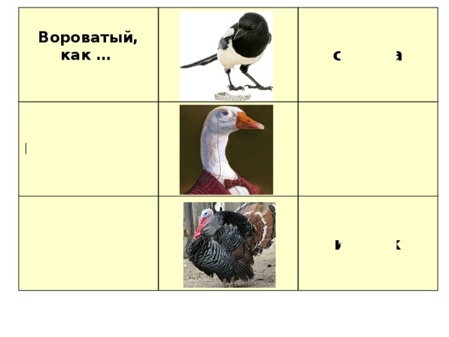 Вороватый, как … Важный, как ..   Надутый, как сорока    гусь    индюк          