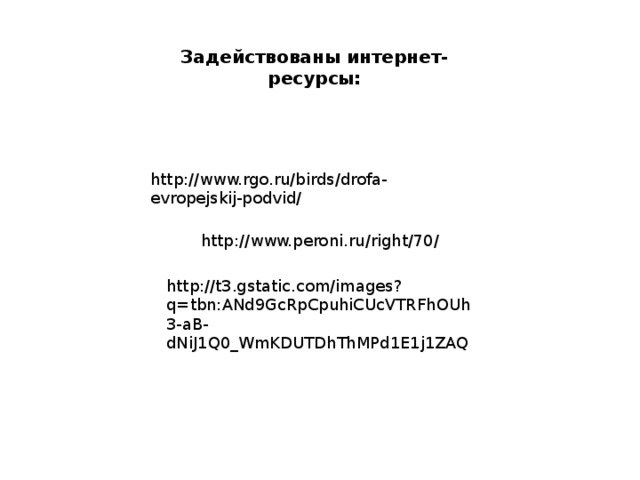 Задействованы интернет-ресурсы: http://www.rgo.ru/birds/drofa-evropejskij-podvid/ http://www.peroni.ru/right/70/ http://t3.gstatic.com/images?q=tbn:ANd9GcRpCpuhiCUcVTRFhOUh3-aB-dNiJ1Q0_WmKDUTDhThMPd1E1j1ZAQ 