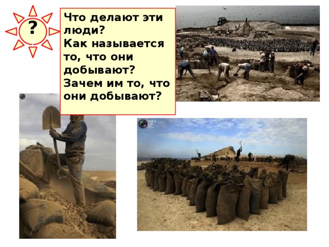 ? ? Что делают эти люди? Как называется то, что они добывают? Зачем им то, что они добывают?  Птичий помет, содержащий большое количество солей азота и фосфора, служит прекрасным удобрением. В местах гнездования большого количества птиц иногда скапливается настолько много помета (гуано), что его разрабатывают промышленными методами.  
