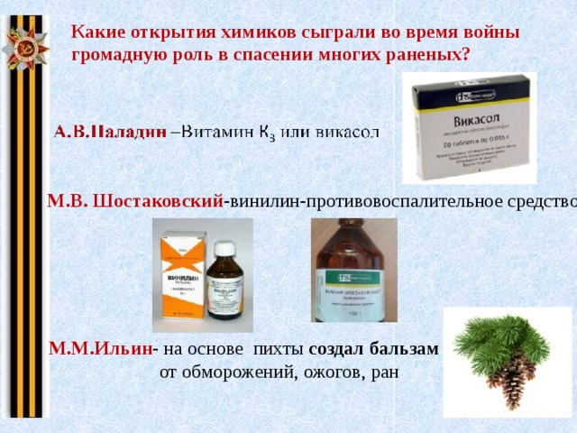 Какие открытия химиков сыграли во время войны громадную роль в спасении многих раненых? М.В. Шостаковский -винилин-противовоспалительное средство М.М.Ильин - на основе пихты создал бальзам    от обморожений, ожогов, ран 