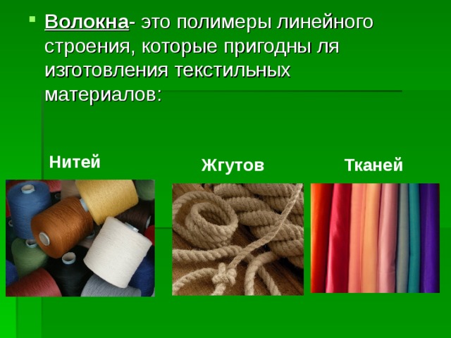 Волокна - это полимеры линейного строения, которые пригодны ля изготовления текстильных материалов: Нитей Жгутов Тканей 