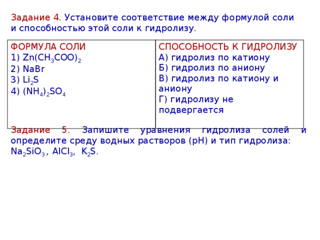 Задание 4. Установите соответствие между формулой соли и способностью этой соли к гидролизу. ФОРМУЛА СОЛИ 1) Zn(CH 3 COO) 2  2) NaBr  3) Li 2 S  4) (NH 4 ) 2 SO 4 СПОСОБНОСТЬ К ГИДРОЛИЗУ А) гидролиз по катиону  Б) гидролиз по аниону  В) гидролиз по катиону и аниону  Г) гидролизу не подвергается Задание 5. Запишите уравнения гидролиза солей и определите среду водных растворов (рН) и тип гидролиза: Na 2 SiO 3  ,   AlCl 3 , K 2 S. 