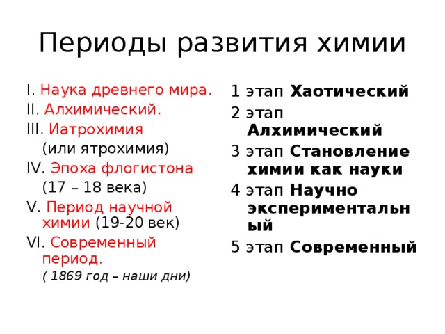 Периоды развития химии I.  Наука древнего мира.  II.  Алхимический.   III . Иатрохимия   (или ятрохимия) IV . Эпоха флогистона 1 этап Хаотический 2 этап Алхимический 3 этап Становление химии как науки 4 этап Научно экспериментальный 5 этап Современный  (17 – 18 века)  V . Период научной химии (19-20 век) VI . Современный  период.   ( 1869 год – наши дни)  