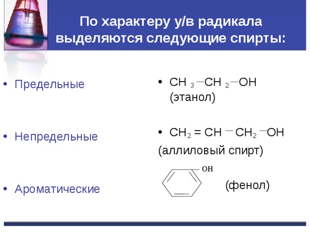 По характеру у/в радикала выделяются следующие спирты: CH 3 CH 2 OH (этанол) CH 2 = CH CH 2 OH (аллиловый спирт)  (фенол) Предельные Непредельные  Ароматические ОН 