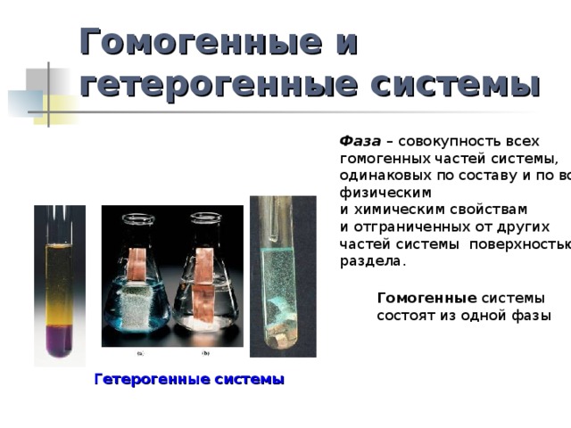 Гомогенные и гетерогенные системы Фаза – совокупность всех гомогенных частей системы, одинаковых по составу и по всем физическим и химическим свойствам и отграниченных от других частей системы поверхностью раздела. Гомогенные системы состоят из одной фазы Гетерогенные системы 