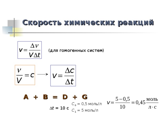 Скорость химических реакций (для гомогенных систем) A + B = D + G C 0 = 0,5 моль/л  t = 10 c C 1 = 5 моль/л 