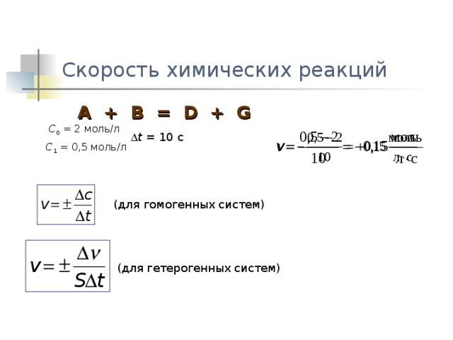 Скорость химических реакций A + B = D + G C 0 = 2 моль/л  t = 10 c C 1 = 0,5 моль/л (для гомогенных систем) (для гетерогенных систем) 