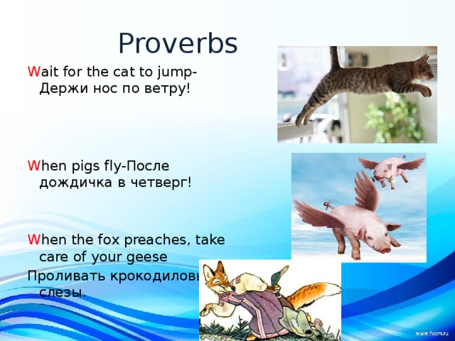 Proverbs W ait for the cat to jump- Держи нос по ветру! W hen pigs fly-После дождичка в четверг! W hen the fox preaches, take care of your geese Проливать крокодиловы слезы. 