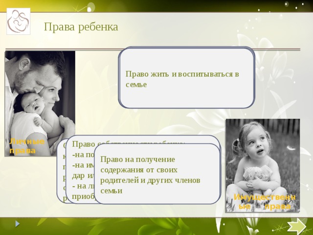Права ребенка Право на имя, отчество, фамилию Право выражать свое мнение Право жить и воспитываться в семье Право на общение с родителями, дедушкой, бабушкой, братьями и сестрами и другими родственниками Право на защиту своих прав и законных интересов Личные права Право собственности ребенка: -на полученные им доходы; -на имущество, полученные ими в дар или в порядке наследования - на любое имущество, приобретенное на средства ребенка Суммы, причитающиеся ребенку в качестве алиментов, пенсий, пособий,поступающие в распоряжении родителей и расходуются ими на содержание, воспитание и образование ребенка Право на получение содержания от своих родителей и других членов семьи Имущественные права  