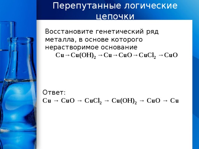 Перепутанные логические цепочки Восстановите генетический ряд металла, в основе которого нерастворимое основание Cu→Cu(OH) 2 →Cu→CuO→CuCl 2 →CuO Ответ: Сu → СuО → СuСl 2 → Cu(OH) 2 → СuО → Сu 