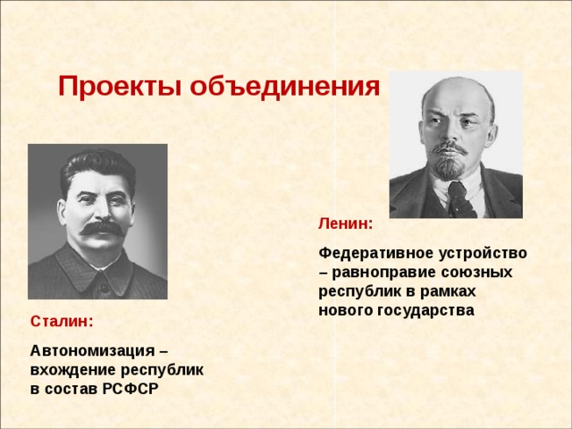 Проекты объединения Ленин: Федеративное устройство – равноправие союзных республик в рамках нового государства  Сталин: Автономизация – вхождение республик в состав РСФСР  