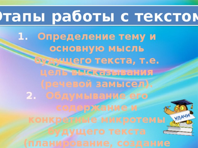 Этапы работы с текстом Определение тему и основную мысль будущего текста, т.е. цель высказывания (речевой замысел). Обдумывание его содержание и конкретные микротемы будущего текста (планирование, создание рабочих материалов). Создание речевого произведения. Редактирование. 