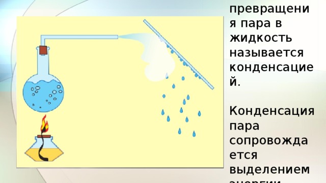 Явление превращения пара в жидкость называется конденсацией. Конденсация пара сопровождается выделением энергии. 