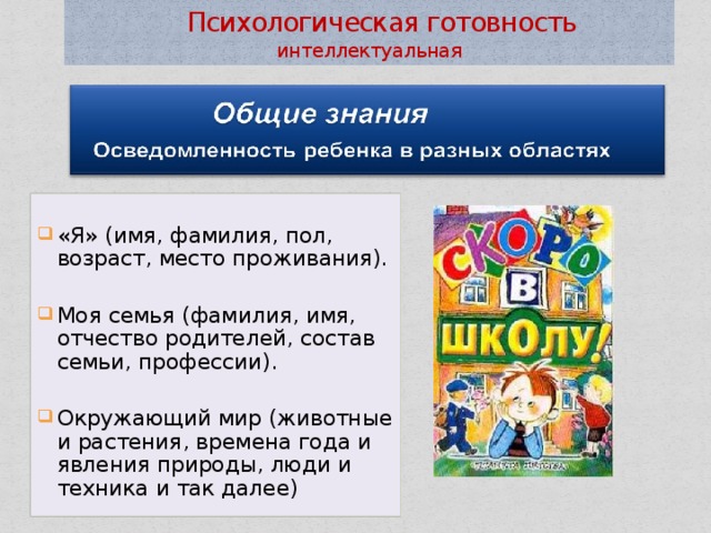  Психологическая готовность интеллектуальная «Я» (имя, фамилия, пол, возраст, место проживания). Моя семья (фамилия, имя, отчество родителей, состав семьи, профессии). Окружающий мир (животные и растения, времена года и явления природы, люди и техника и так далее) 