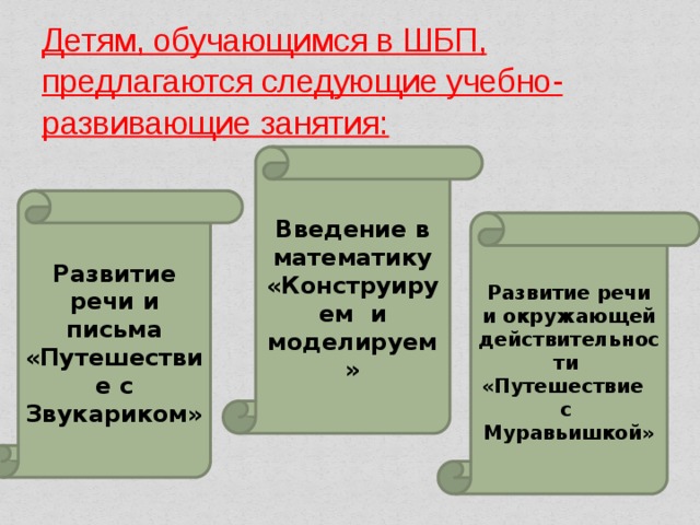 Детям, обучающимся в ШБП, предлагаются следующие учебно-развивающие занятия:   Введение в математику «Конструируем и моделируем» Развитие речи и письма «Путешествие с Звукариком» Развитие речи и окружающей действительности «Путешествие с Муравьишкой» 