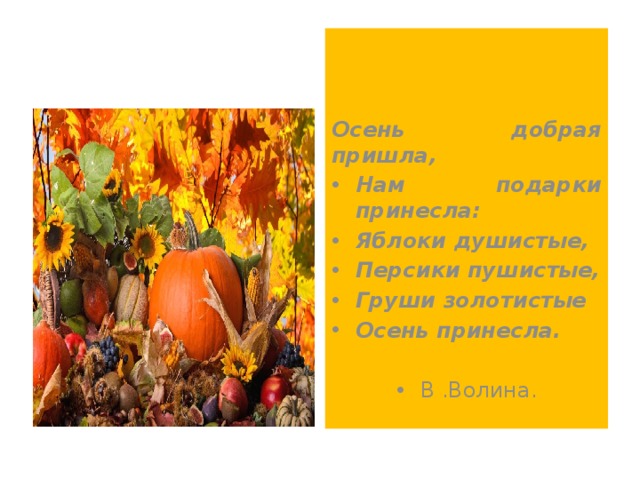   Осень добрая пришла, Нам подарки принесла: Яблоки душистые, Персики пушистые, Груши золотистые Осень принесла. В .Волина. 