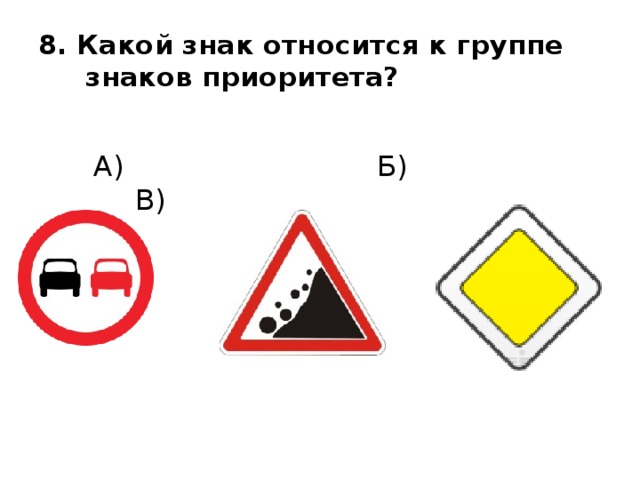 8. Какой знак относится к группе  знаков приоритета?  А) Б) В) 