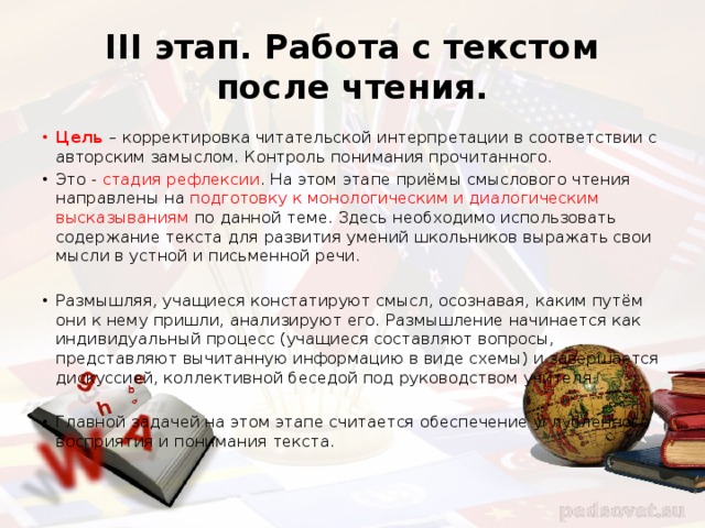 III этап. Работа с текстом после чтения. Цель – корректировка читательской интерпретации в соответствии с авторским замыслом. Контроль понимания прочитанного. Это - стадия рефлексии . На этом этапе приёмы смыслового чтения направлены на подготовку к монологическим и диалогическим высказываниям по данной теме. Здесь необходимо использовать содержание текста для развития умений школьников выражать свои мысли в устной и письменной речи. Размышляя, учащиеся констатируют смысл, осознавая, каким путём они к нему пришли, анализируют его. Размышление начинается как индивидуальный процесс (учащиеся составляют вопросы, представляют вычитанную информацию в виде схемы) и завершается дискуссией, коллективной беседой под руководством учителя. Главной задачей на этом этапе считается обеспечение углубленного восприятия и понимания текста. 