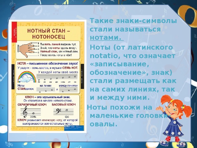  Такие знаки-символы стали называться нотами.  Ноты (от латинского notatio, что означает «записывание, обозначение», знак) стали размещать как на самих линиях, так и между ними. Ноты похожи на маленькие головки-овалы. 