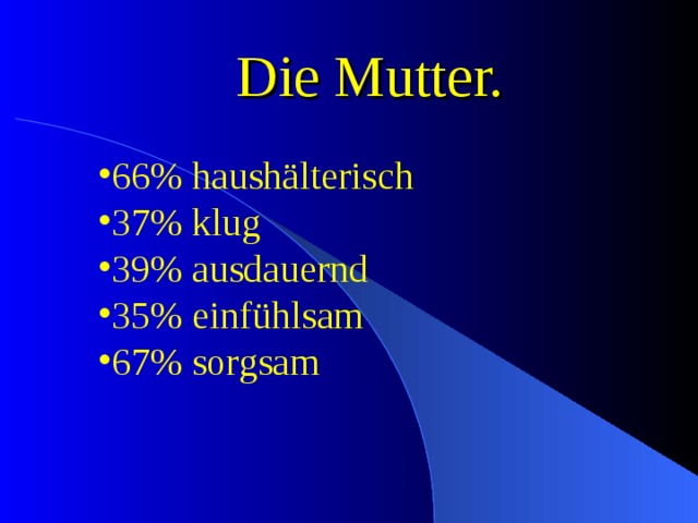 Die Mutter. 66% haushälterisch 37% klug 39% ausdauernd 35% einfühlsam  67% sorgsam 