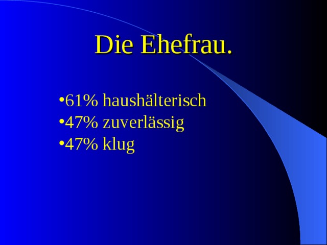 Die Ehefrau. 61% haushälterisch 47% zuverlässig 47% klug 