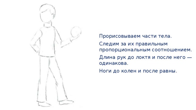 Прорисовываем части тела. Следим за их правильным пропорциональным соотношением. Длина рук до локтя и после него —одинакова. Ноги до колен и после равны. 