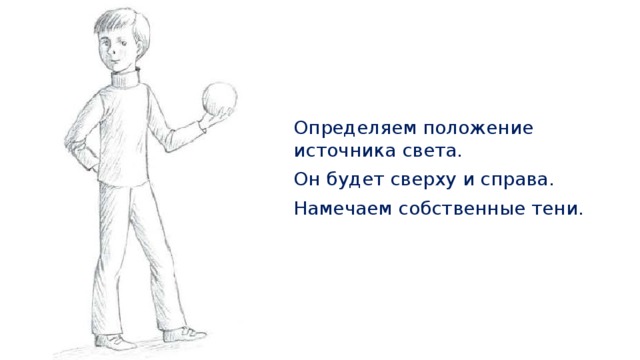 Определяем положение источника света. Он будет сверху и справа. Намечаем собственные тени. 
