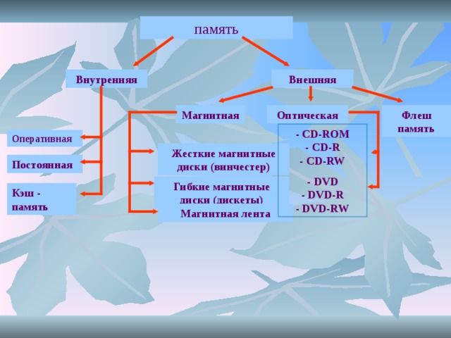 память Внутренняя Внешняя Флеш память Оптическая Магнитная - CD-ROM  - CD-R  - CD-RW - DVD  - DVD-R  - DVD-RW Оперативная Жесткие магнитные диски (винчестер) Постоянная Гибкие магнитные диски (дискеты) Кэш - память Магнитная лента 