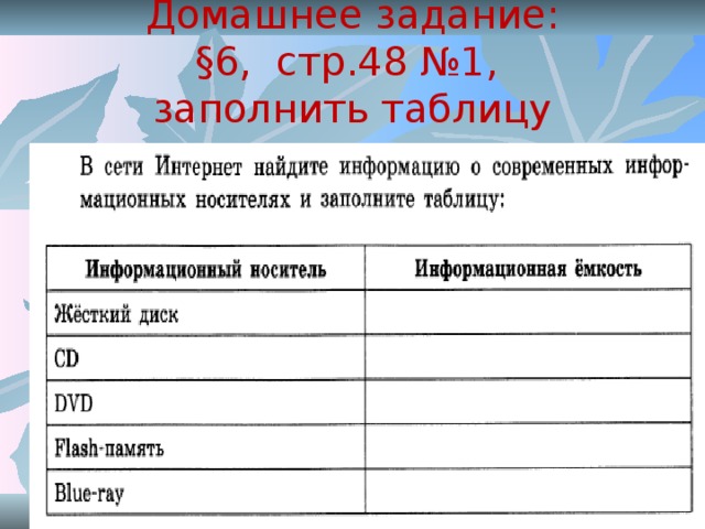 Домашнее задание: §6, стр.48 №1, заполнить таблицу 