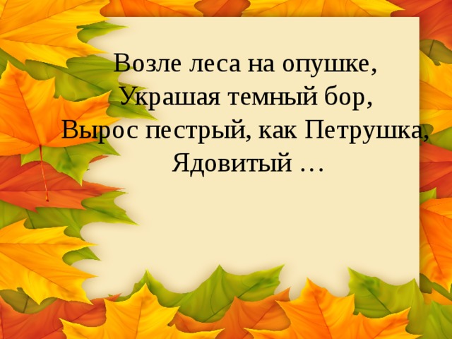 Возле леса на опушке,   Украшая темный бор,   Вырос пестрый, как Петрушка,   Ядовитый …      
